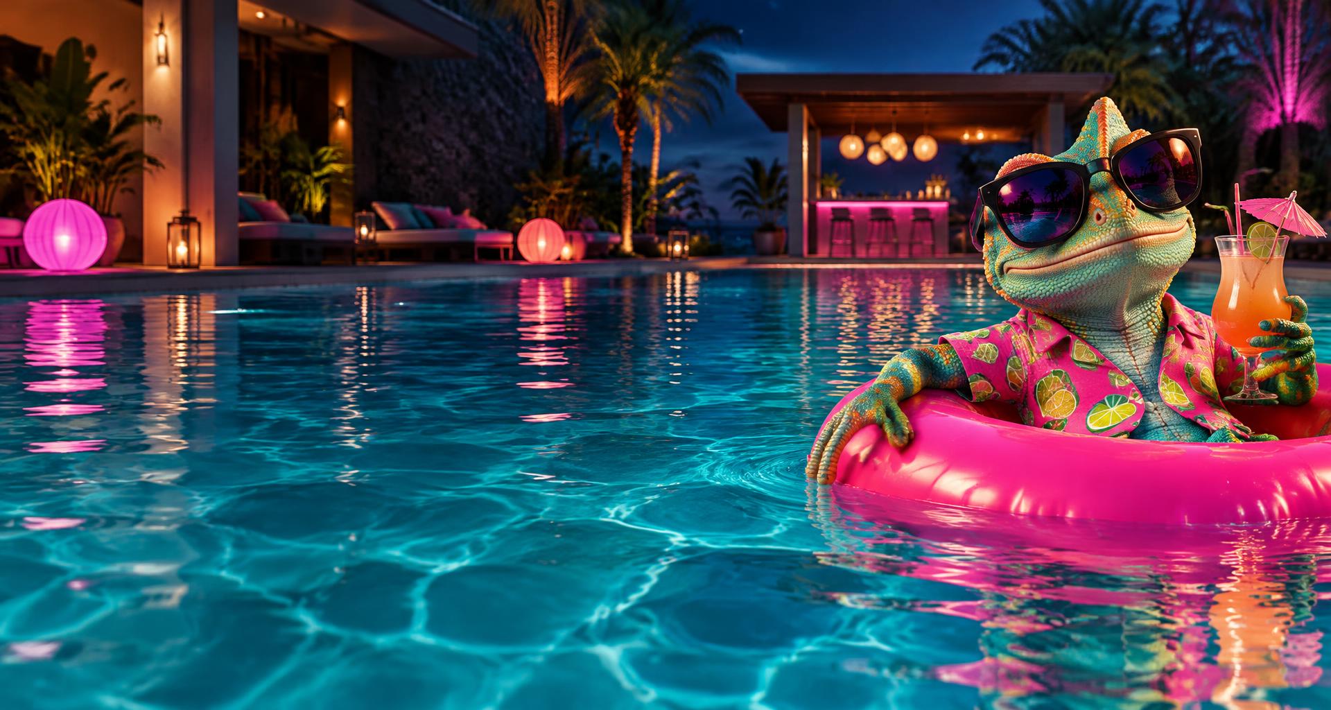 Camaleão colorido de óculos escuros em uma boia rosa, com reflexos neon na piscina